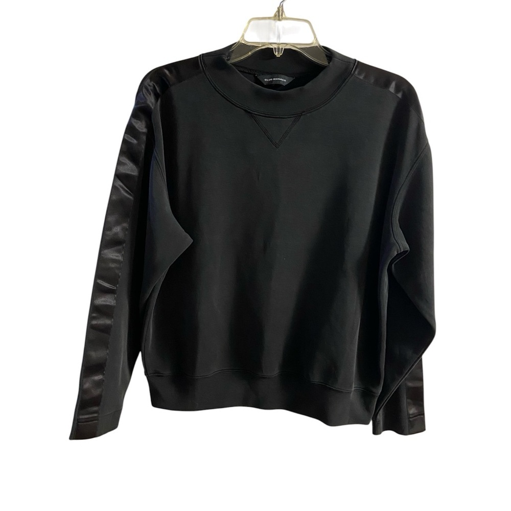 Club Monaco Black Crewneck Sweatshirt with Satin Sleeve Stripes Large